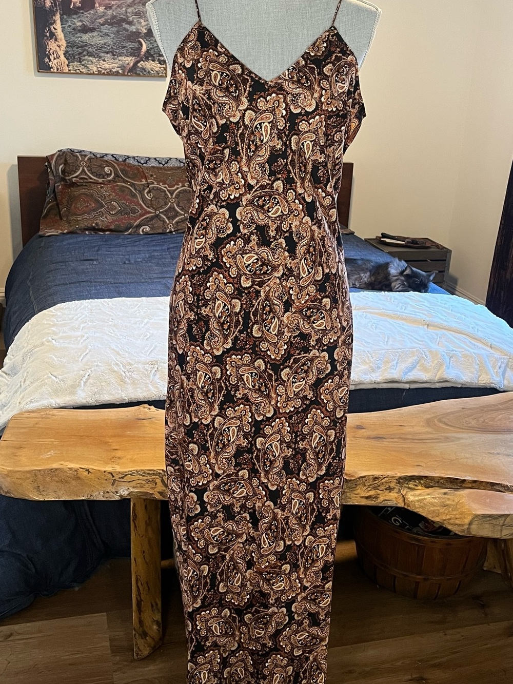 Nili Lotan Collab Satin Earthy Paisley Slip Dress Side Slit Adj Straps V Neck